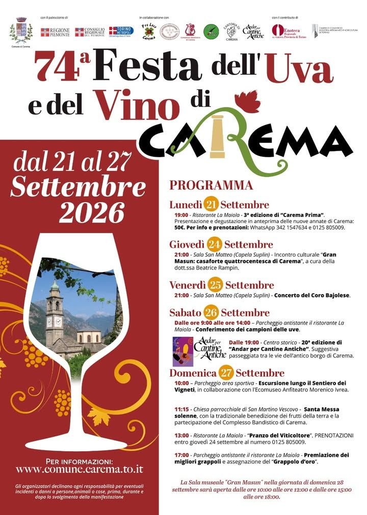 🍷 Da lunedì 21 a domenica 27 settembre a Carema torna la Festa dell’Uva e del…