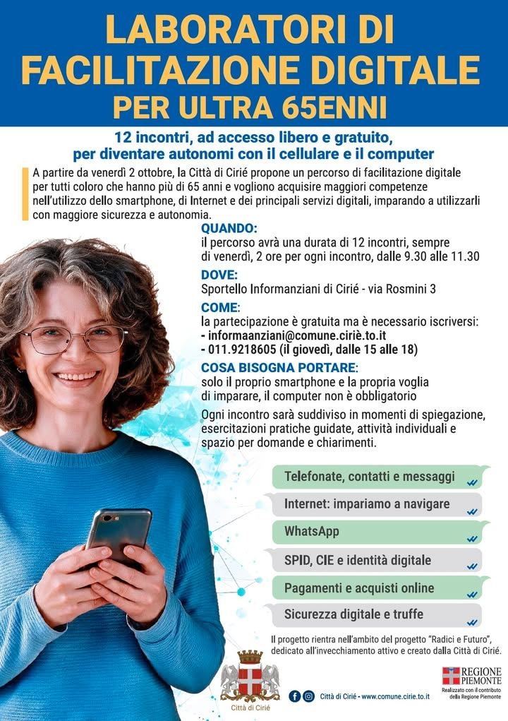 📲 LABORATORI DI FACILITAZIONE DIGITALE PER OVER 65 A CIRIÈ 💻 Vuoi imparare a…