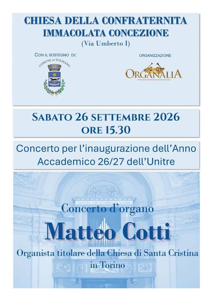 🎶 VOLPIANO | Concerto d'organo e inaugurazione dell'Anno Accademico Unitre 2026/2027
