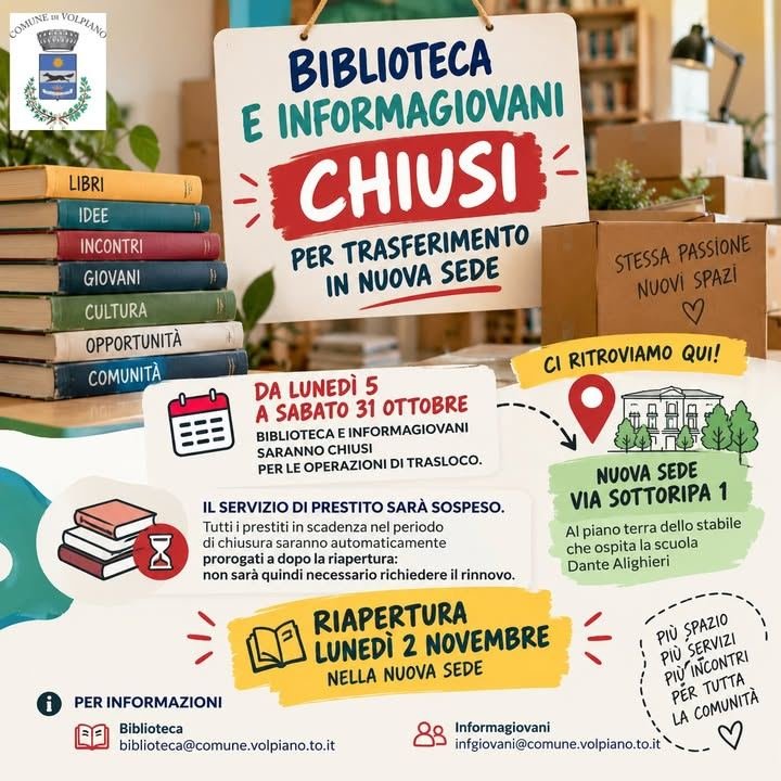 📚 VOLPIANO, BIBLIOTECA E INFORMAGIOVANI HANNO UNA NUOVA CASA