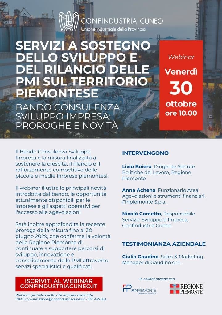 📢 Webinar Gratuito | Opportunità e novità per il rilancio delle PMI piemontesi…