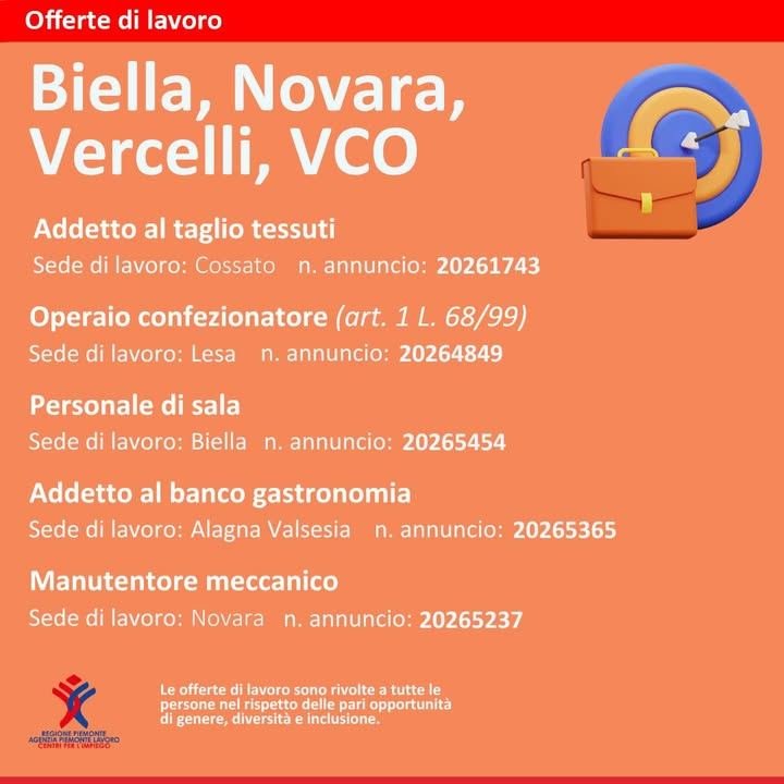 Nelle province di Novara, Vercelli e Biella ci sono nuove offerte di lavoro! 💼…