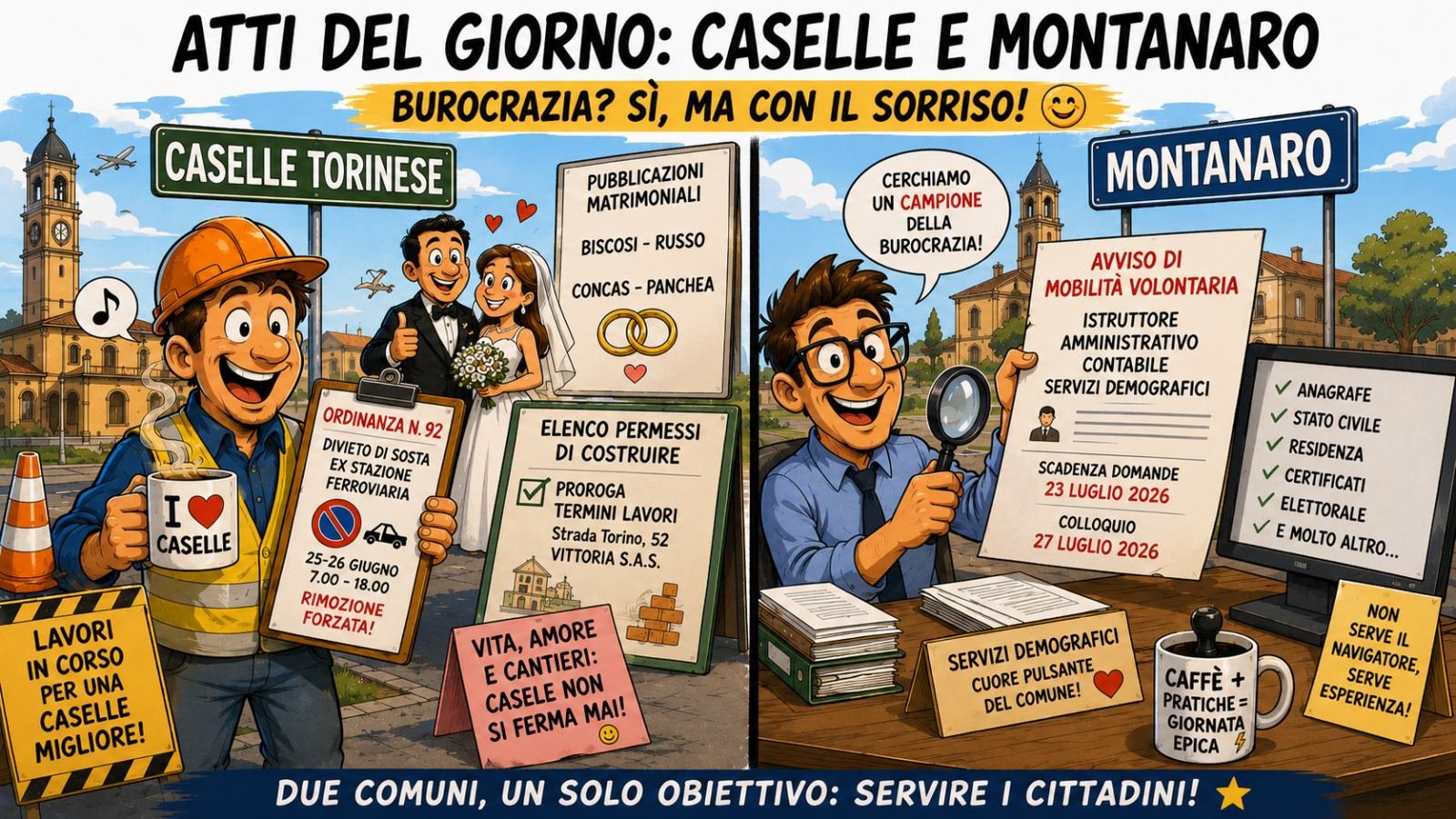 Caselle tra matrimoni, cantieri e scrivanie vuote: il riassunto degli atti del 22 giugno 2026