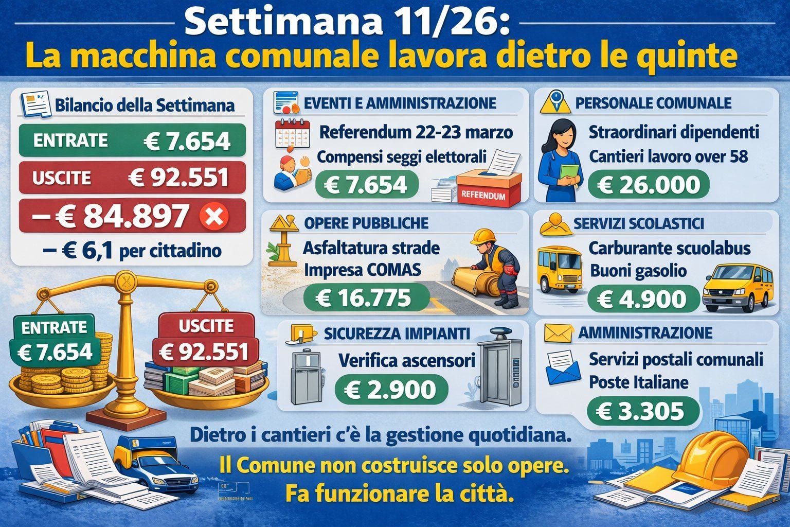 Settimana 11,  Referendum, asfalti e scuolabus: il Comune in modalità gestione quotidiana