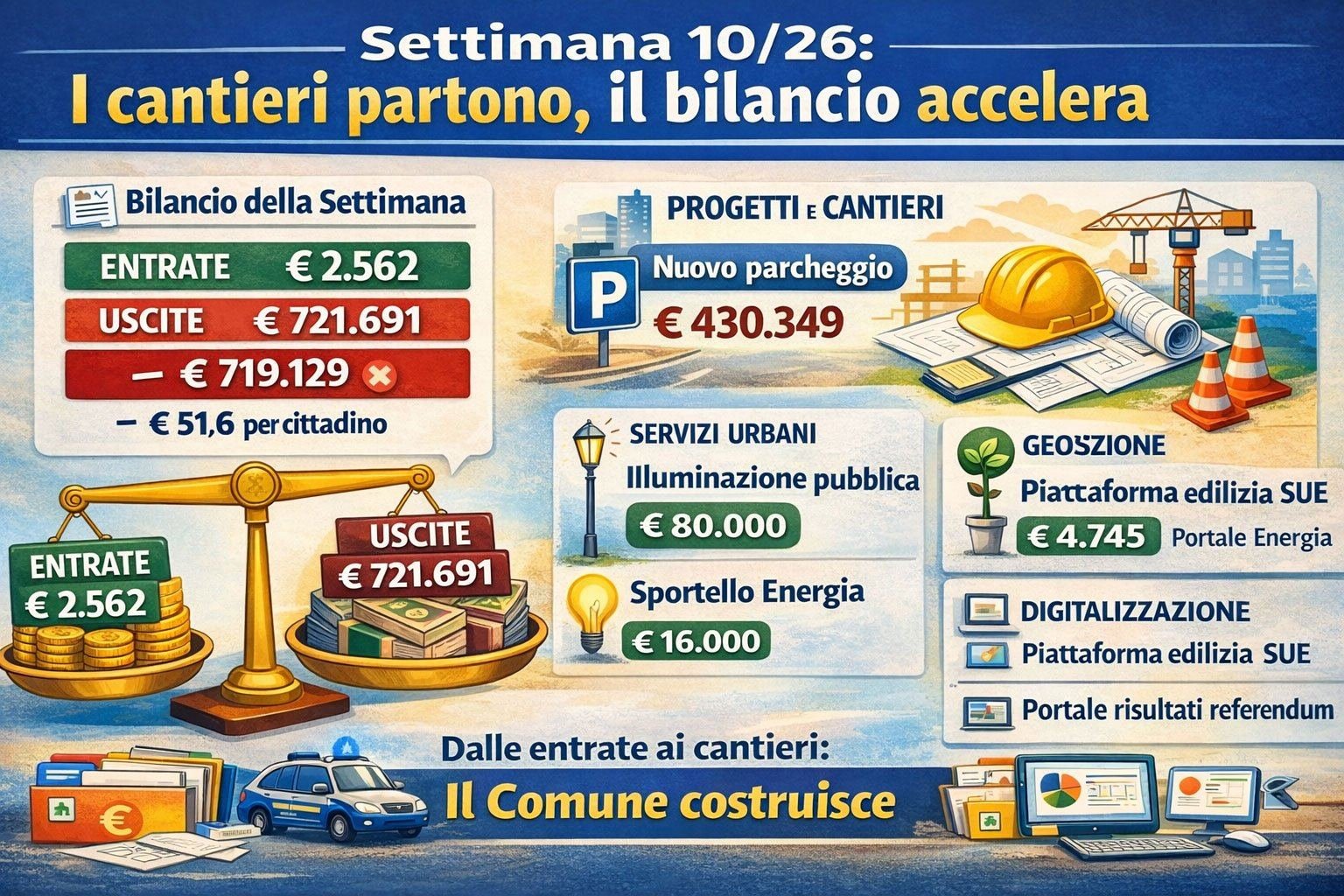 Settimana 10 – Il bilancio si muove: parcheggi, scuole e nuovo municipio