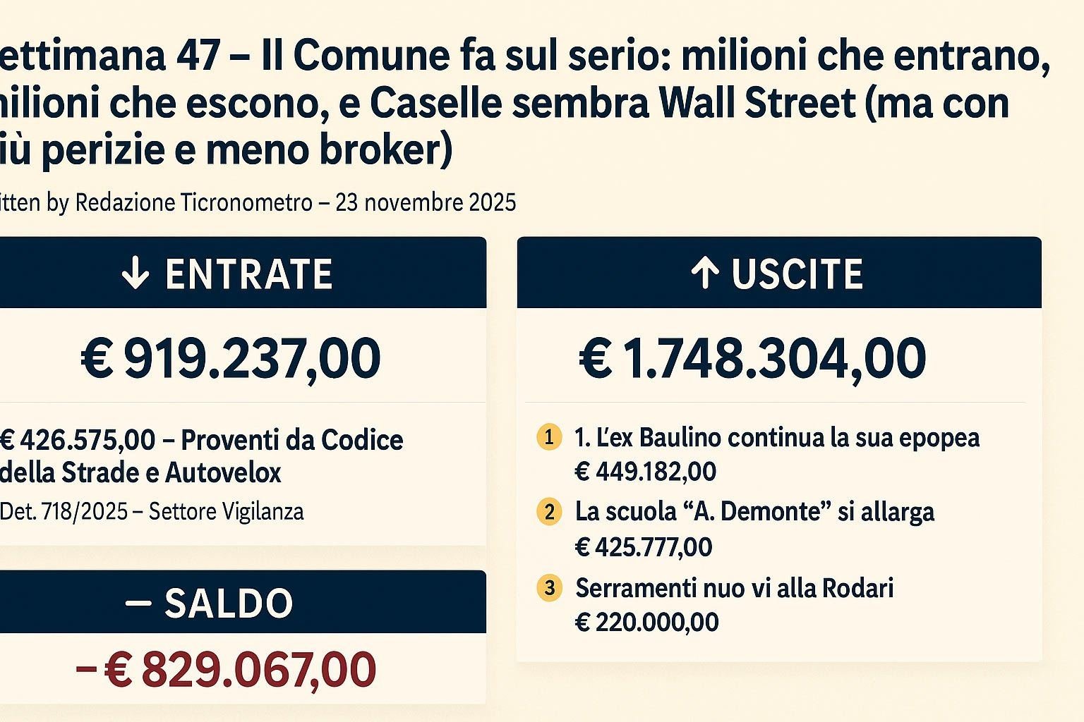 Settimana 47 – Il Comune fa sul serio: milioni che entrano, milioni che escono, e Caselle sembra Wall Street (ma con più perizie e meno broker)