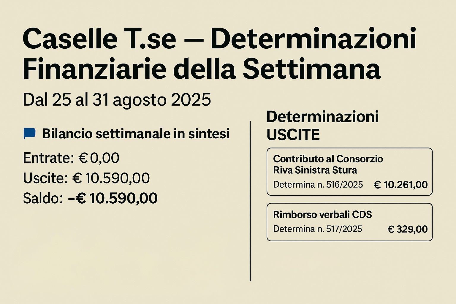 Settimana 35: zero incassi, 10.590 € di uscite per Caselle