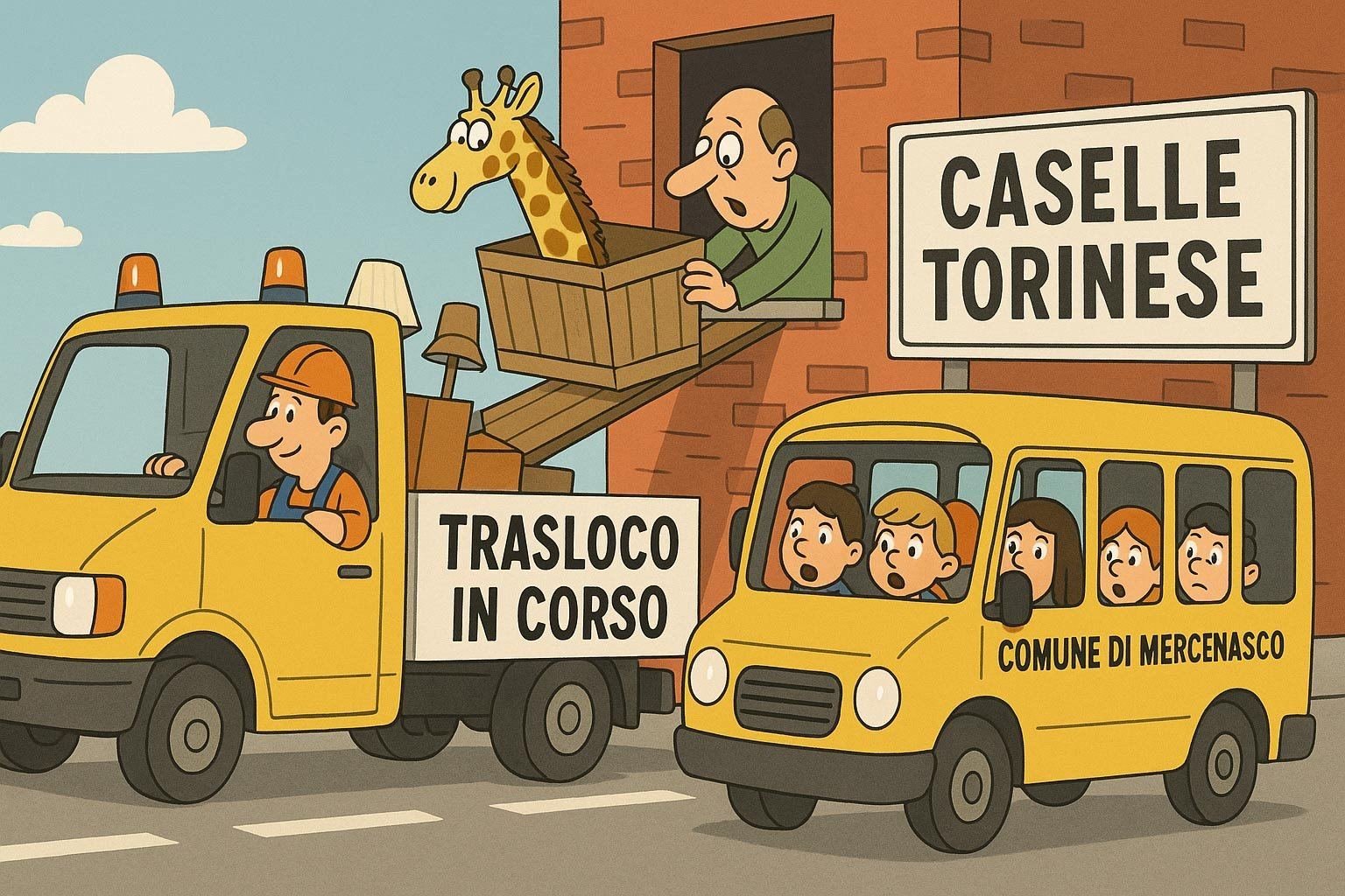 16 Ottobre, Caselle Torinese in fermento: traslochi acrobatici e scuolabus in fuga (da Mercenasco)