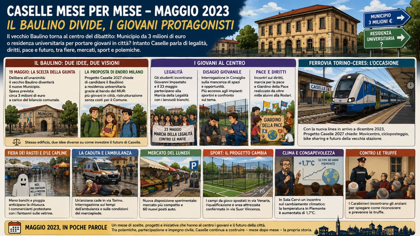 Caselle mese per mese – Maggio 2023: il Baulino, i giovani e una città che continua a discutere del proprio futuro