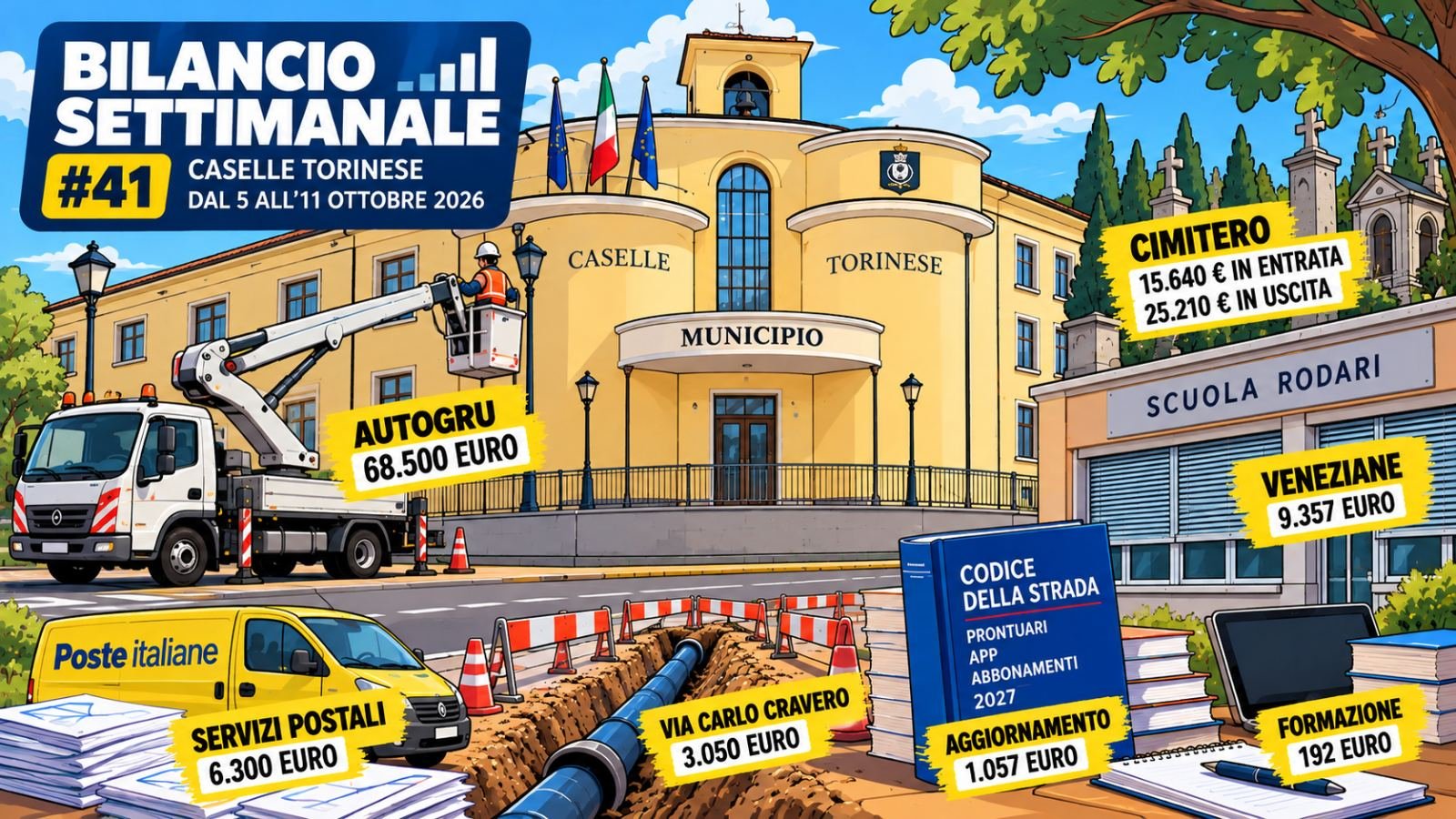 Bilancio Settimanale #41 – Un'autogru da 68mila euro, le luci del cimitero e le veneziane a scuola: Caselle chiude con 98mila euro di saldo negativo