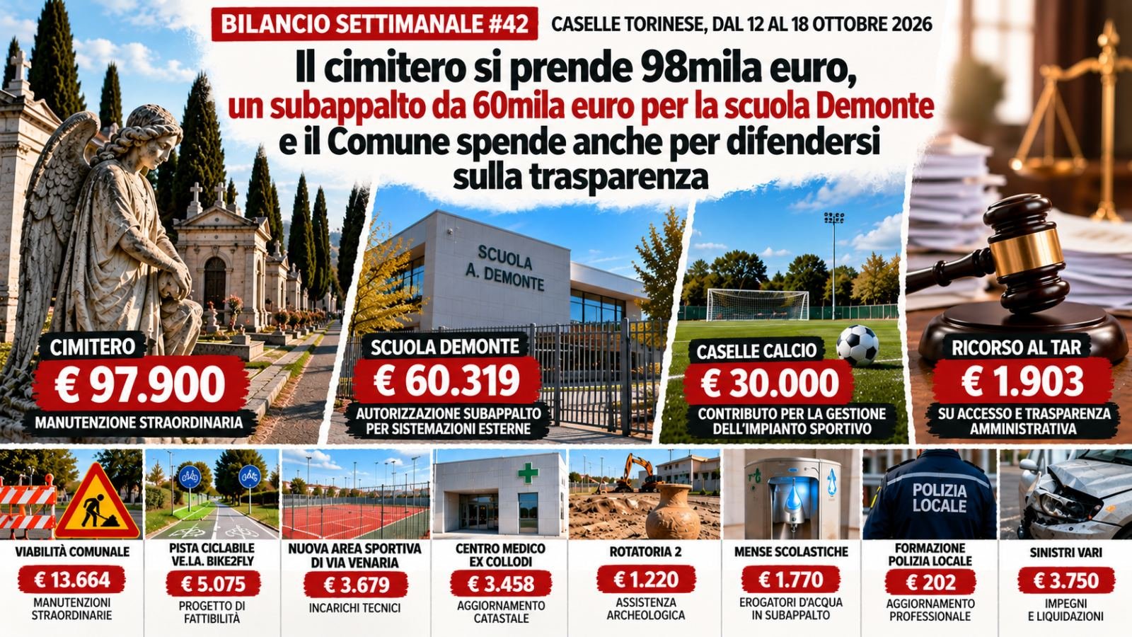 Bilancio Settimanale #42 – Il cimitero si prende 98mila euro, la scuola Demonte altri 60mila e il Comune spende anche per difendersi sulla trasparenza