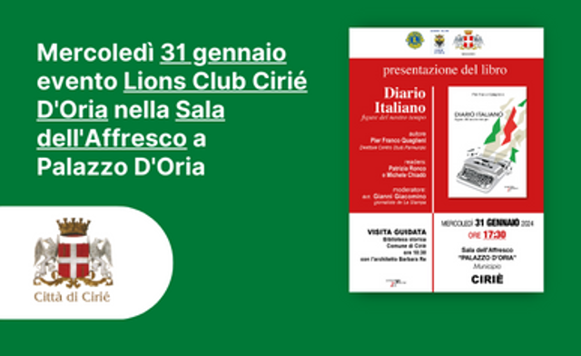 Mercoledì 31 gennaio evento Lions Club Cirié D’Oria nella Sala dell’Affresco a  Palazzo D’Oria