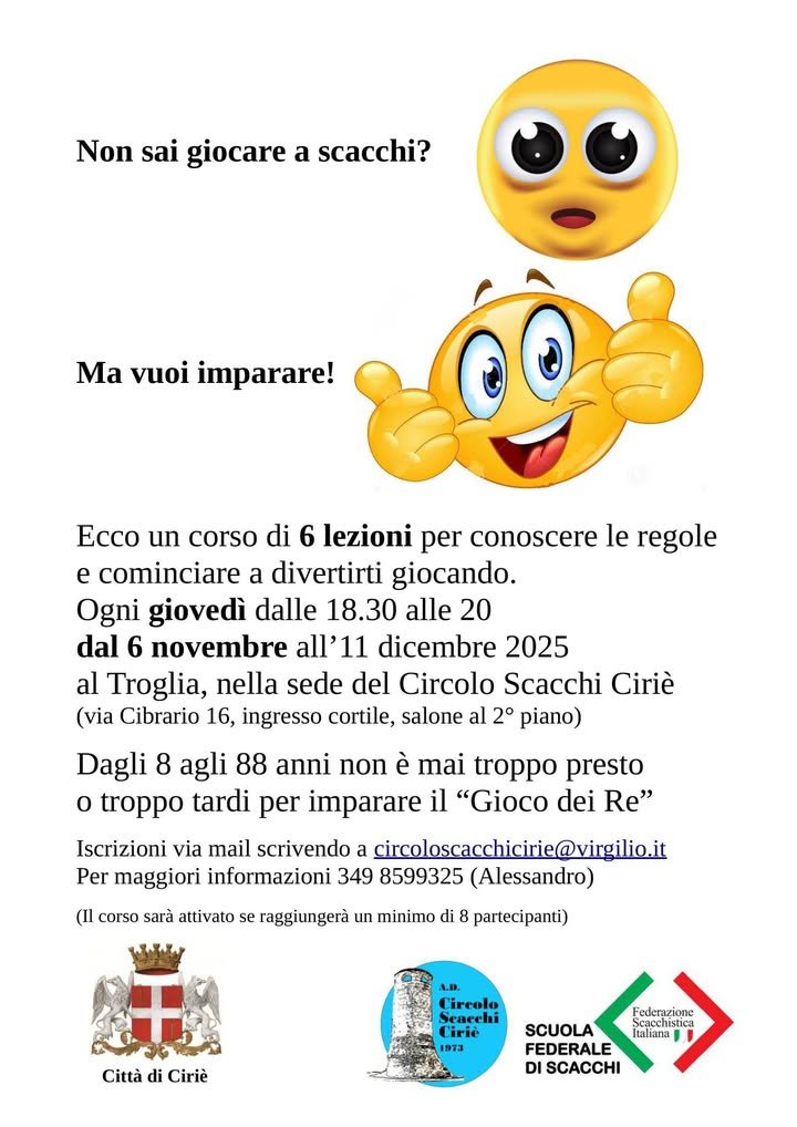 ♟️▫️▪️ In partenza il corso principianti del Circolo Scacchi Ciriè ♟️ Il…